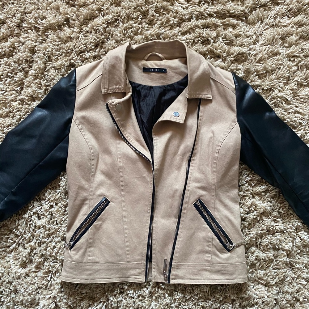 Leather and beige material jacket, shirt